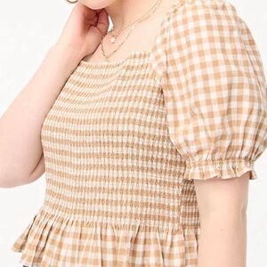 J Crew Gingham Shirred Square-Neck Top in Beige